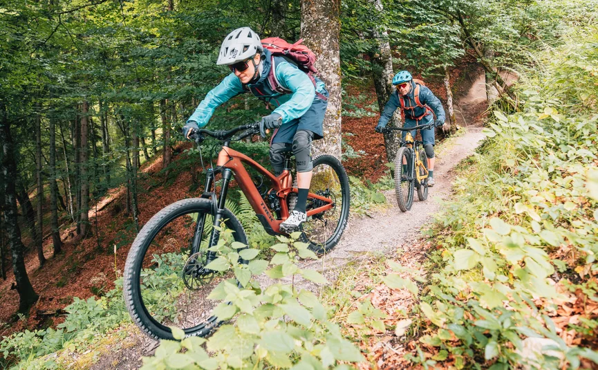 Zwei Personen mountainbiken auf einem Waldweg mit Helm und Schutzausrüstung