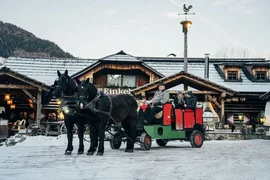 Winter Opening / 3 Nächte Pferdekutsche mit zwei schwarzen Pferden vor einem verschneiten Holzhaus
