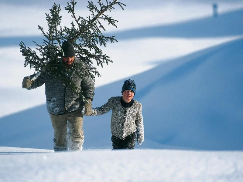 Man en jongen dragen een kerstboom door diepe sneeuw