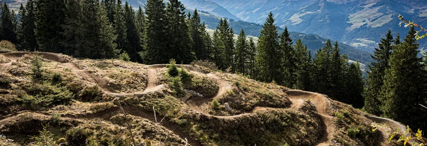 Neuer Flow im Brixental: Der Kirchberg Trail eröffnet © Stromberg Berglandschaft mit Kiefern und kurvigen Wanderwegen unter blauem Himmel