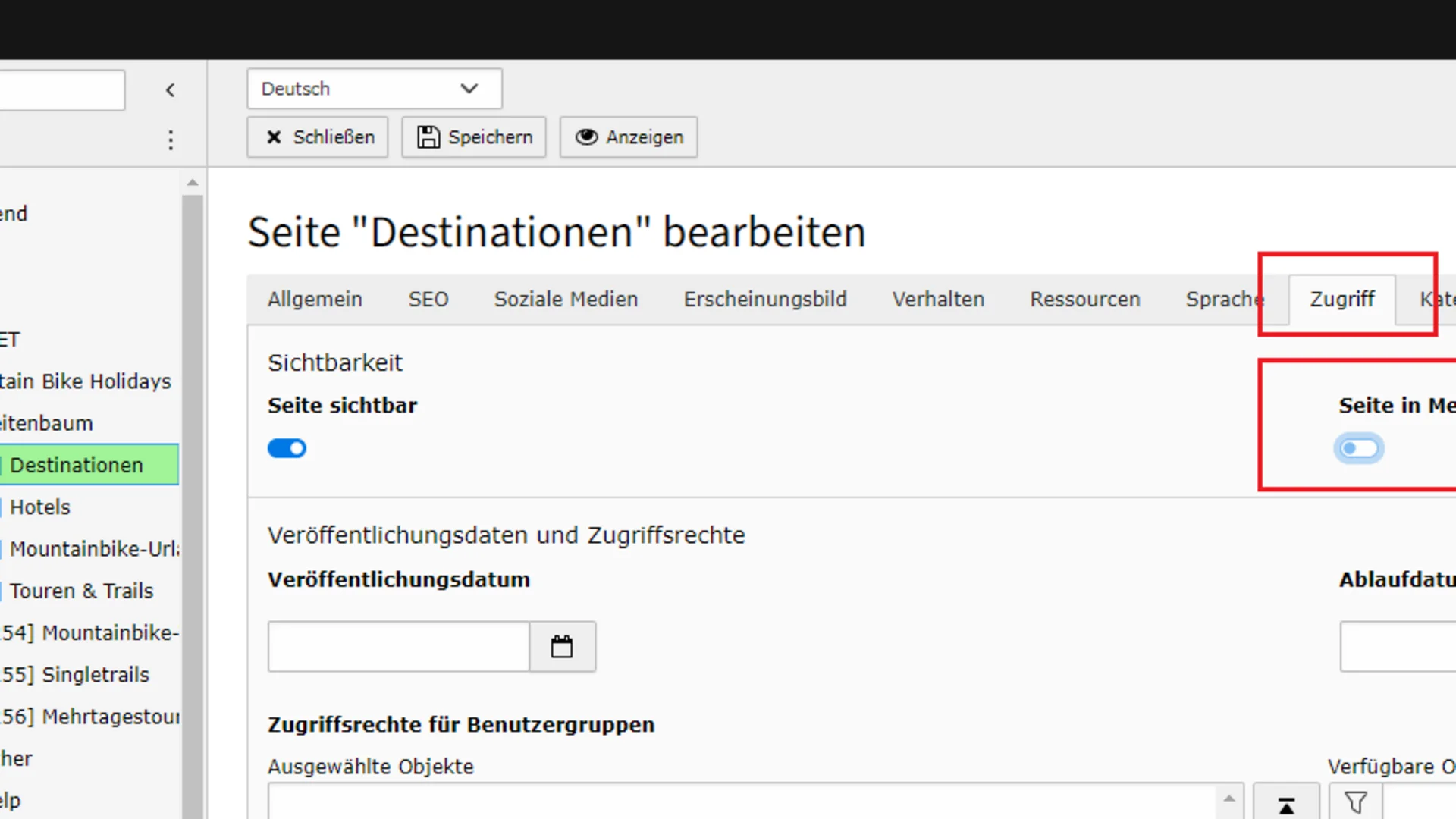 Brandnamic Backend Bildschirmseite Einstellungen Zugriff Menü sichtbar deaktiviert