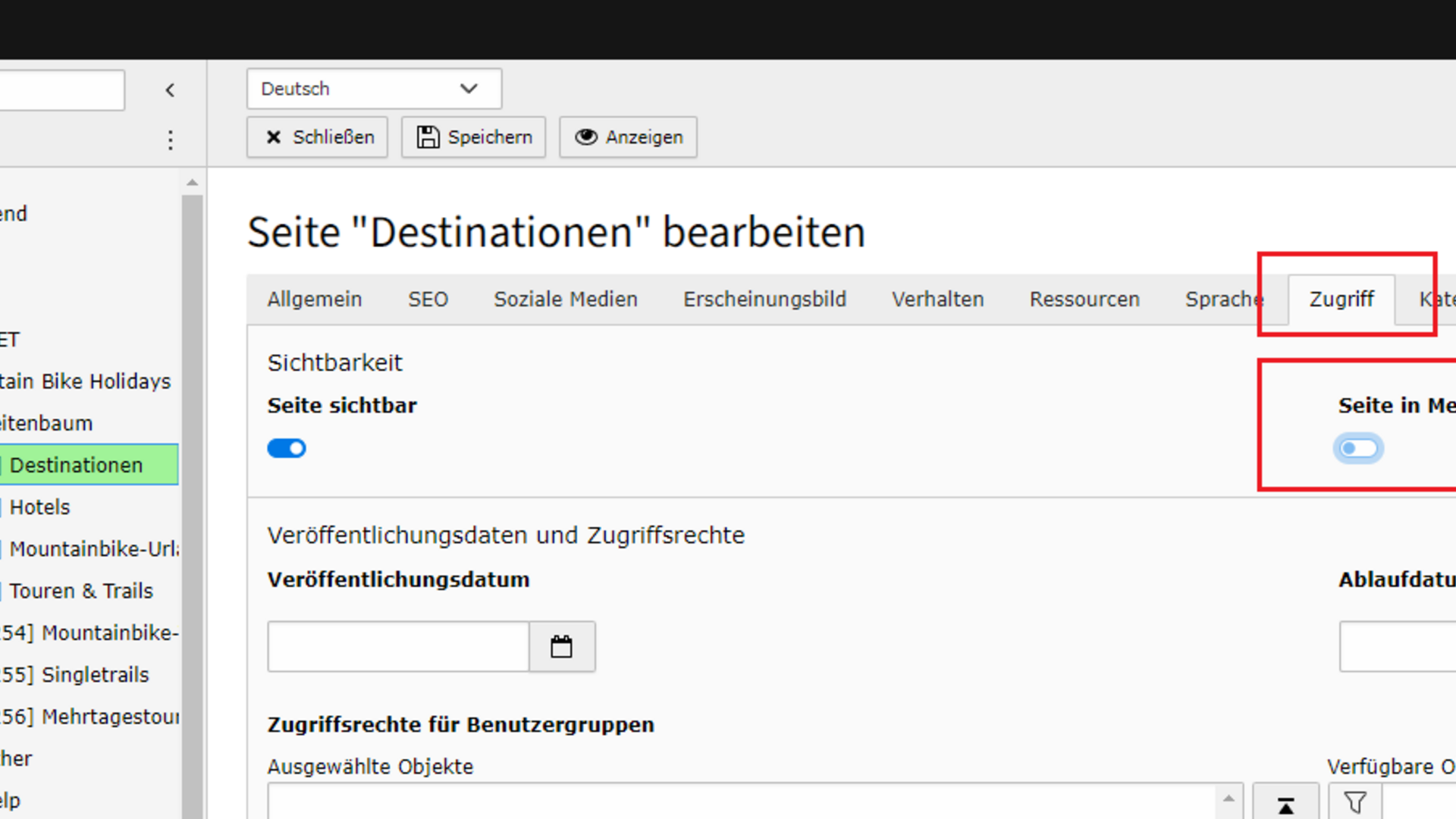 Allgemeine Infos zur Website Brandnamic Backend Bildschirmseite Einstellungen Zugriff Menü sichtbar deaktiviert