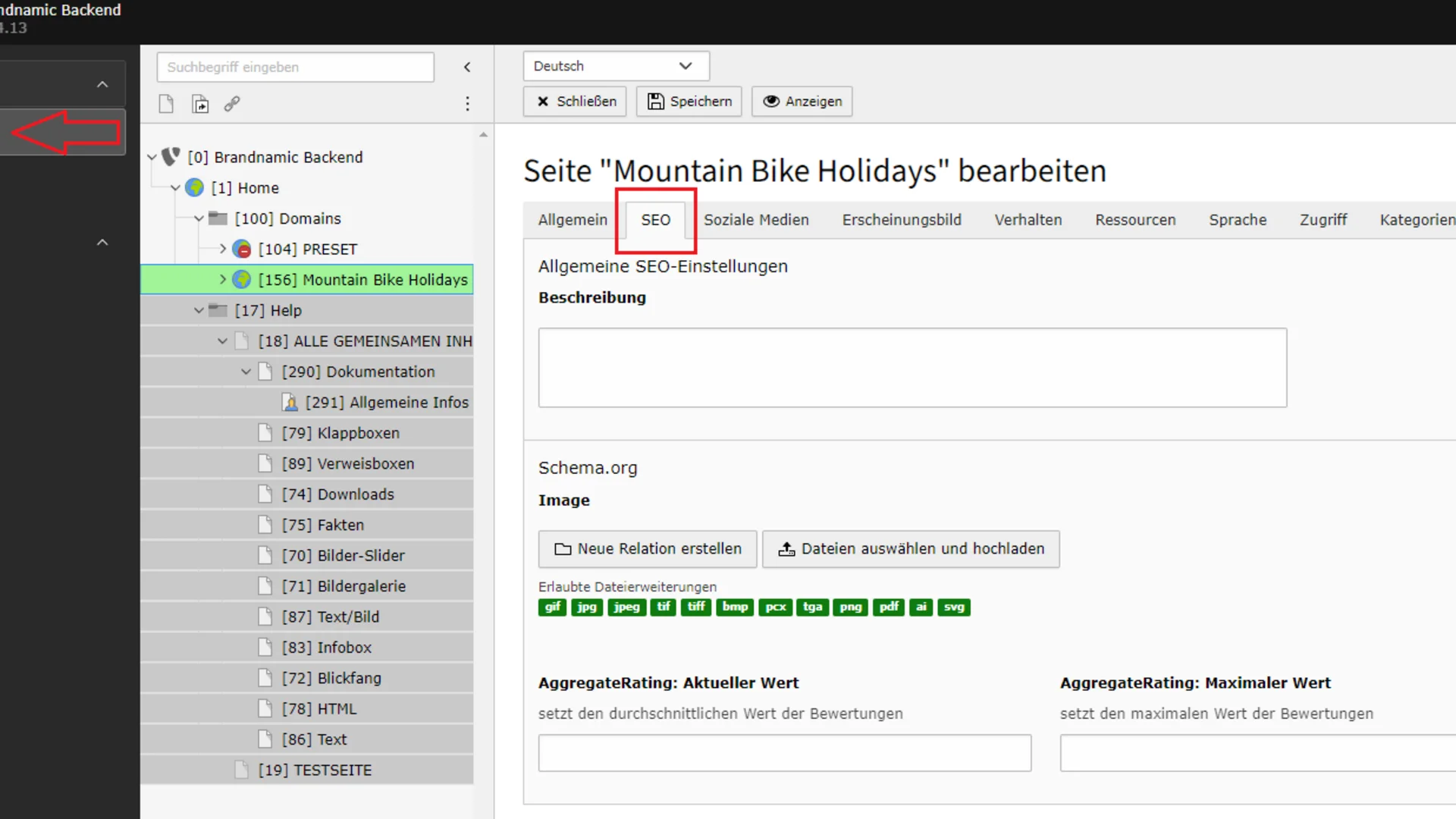 Backend-Oberfläche zur Bearbeitung von SEO-Einstellungen einer Seite Mountain Bike Holidays
