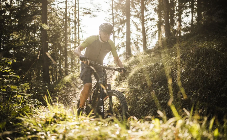 Man mountain biking on forest trail in backlight