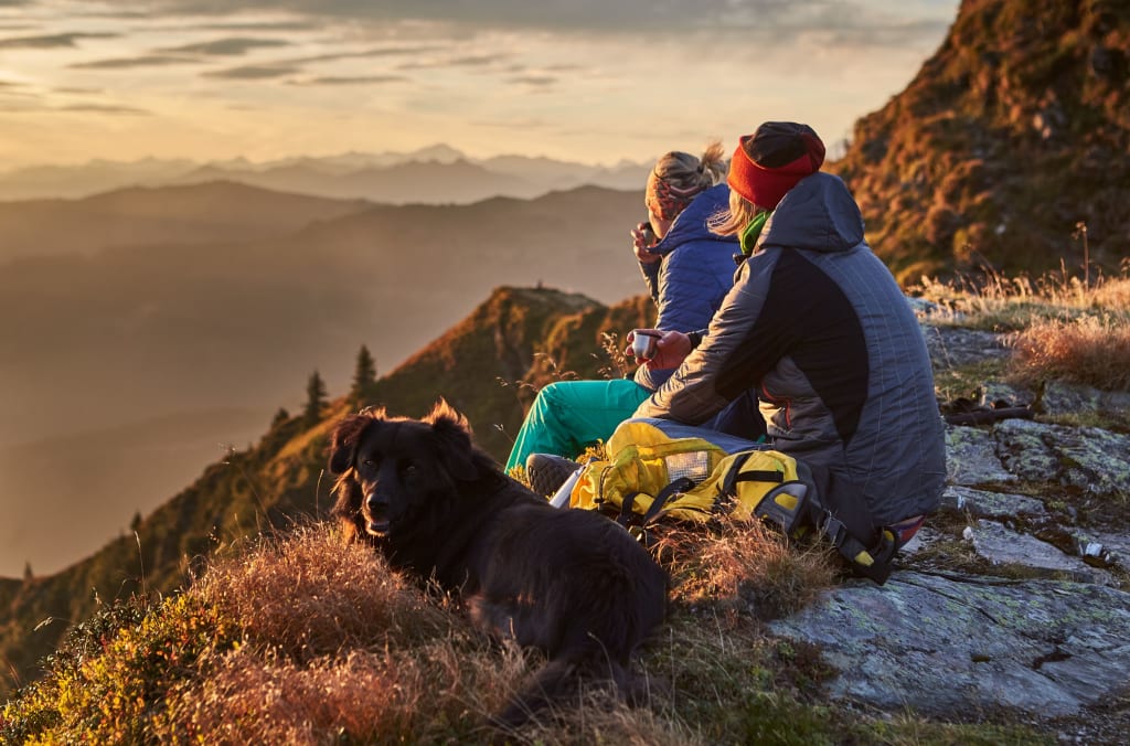 GOLDENER HERBST Zwei Wanderer und ein Hund bei Sonnenuntergang in den Bergen
