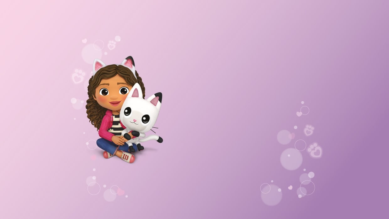 Gabby´s Purrfect Moments Meisje met kattenoren die een witte kat vasthoudt op roze-paars achtergrond