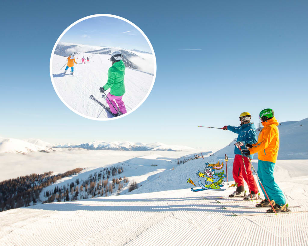 Sonnenskilauf Kurzgenuss (bis 3 NÄ) Twee skiërs op een berg wijzen naar een groep skiërs in een ronde inset