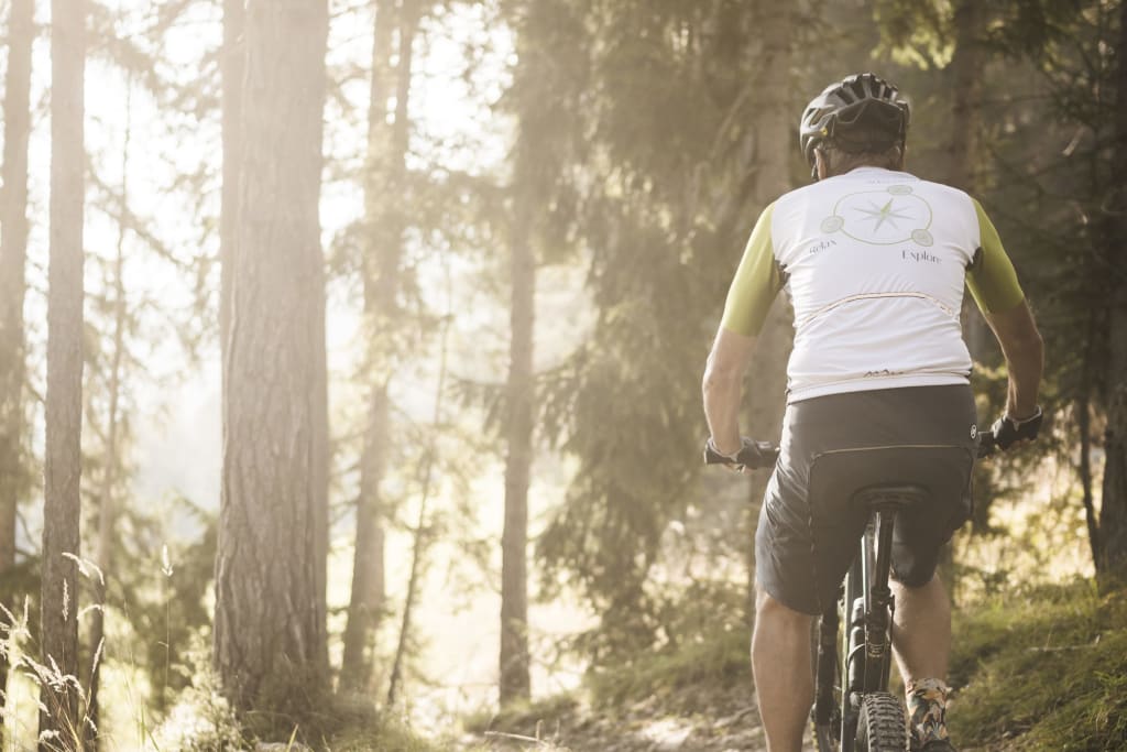 Man riding mountain bike through sunny forest